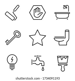 Iconos de trabajo de construcción y construcción. Juego de iconos de línea delgada que consiste en rodillo, mano, baño, construcción, llave, enchufe, enchufe, inodoro, zapatilla, electricidad, agua, cepillo, pintura. Iconos de conjunto de generación. Icono de edición