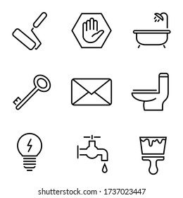 Iconos de trabajo de construcción y construcción. Juego de iconos de línea delgada que consiste en rodillo, mano, baño, construcción, llave, enchufe, enchufe, inodoro, zapatilla, electricidad, agua, cepillo, pintura. Iconos de conjunto de generación. Icono de edición