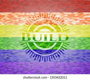 Build emblem on mosaic background with the colors of the LGBT flag