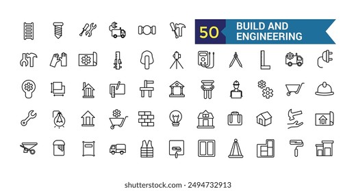 Build and Engineering line icon set. Outline icon collection. Editable vector stroke.