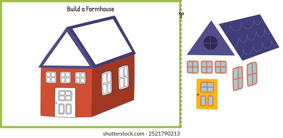 Build a farmhouse cut and glue game for kids. Educational activity page for children. Matching game templates Vector illustration