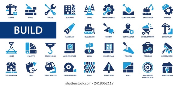 Build flat icons set. Construction, architecture, building, worker, crane, icons and more signs. Flat icon collection.