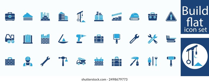 Build flat icons set. Construction, architecture, building, worker, crane, icons and more signs. Flat icon collection.