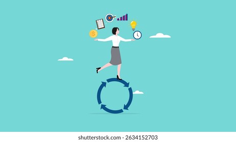 build good work habits with several skills, habitual procedures leading to business or career success, discipline or working efficiency, businesswoman carry out work with a circle of good work habit