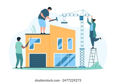 Build and home repair, modern building process. Engineers and workers with hammer and screwdriver, construction crane repairing small house, builder with professional tools cartoon vector illustration