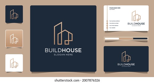 Build house logo with line art simple and elegant. Creative real estate logo and business card template.
