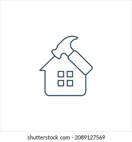 Build House, repair roof of house sign. home and hammer icon real estate building company logo icon line style graphic design vector