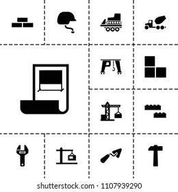 Build icon. collection of 13 build filled icons such as construction crane, brick wall, trowel, construction  crane, hammer, plan. editable build icons for web and mobile.