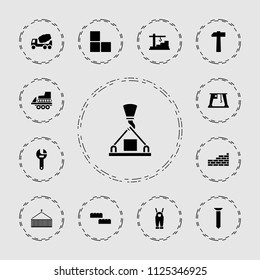 Build icon. collection of 13 build filled icons such as brick wall, wrench, concrete mixer, building block, cargo crane. editable build icons for web and mobile.