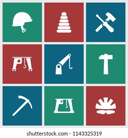 Build icon. collection of 9 build filled icons such as pyramid, cargo crane, helmet, screwdriver. editable build icons for web and mobile.