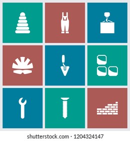 Build icon. collection of 9 build filled icons such as pyramid, gardener jumpsuit, helmet, brick wall, screw, trowel, wrench. editable build icons for web and mobile.