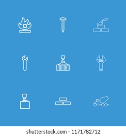 Build icon. collection of 9 build outline icons such as brick wall, nail, hook with cargo, no fire, cargo on hook, wrench. editable build icons for web and mobile.