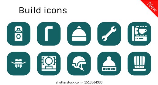 build icon set. 10 filled build icons.  Collection Of - Foundation, Allen keys, Hat, Wrench, 3d printing scanner, Helmet icons