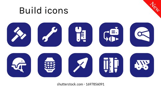 build icon set. 10 filled build icons. Included Hammer, Wrench, Plumb bob, Helmet, Trowel, Tools, Dump truck icons
