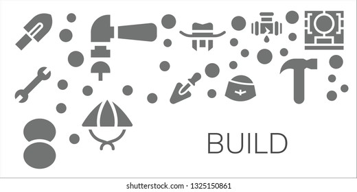 build icon set. 11 filled build icons.  Simple modern icons about  - Trowel, Hammer, Wrench, Foundation, Hat, Leak, 3d printing scanner