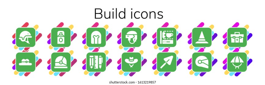 build icon set. 14 filled build icons. Included Helmet, Hat, Foundation, Tools, 3d printing scanner, Trowel, Toolbox icons