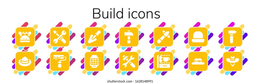 build icon set. 14 filled build icons.  Simple modern icons such as: Helmet, Hat, Tools, Roller, Trowel, Hammer, 3d printing scanner