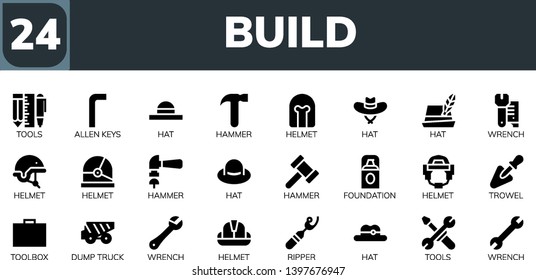 build icon set. 24 filled build icons.  Collection Of - Tools, Allen keys, Hat, Hammer, Helmet, Wrench, Foundation, Trowel, Toolbox, Dump truck, Ripper