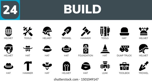 build icon set. 24 filled build icons.  Simple modern icons about  - Helmet, Tools, Trowel, Hammer, Hat, Foundation, Dump truck, Leak, Toolbox