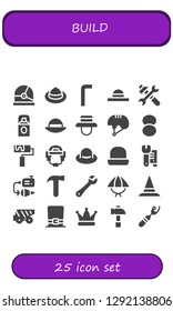  build icon set. 25 filled build icons. Simple modern icons about  - Helmet, Hat, Allen keys, Tools, Foundation, Roller, Wrench, Plumb bob, Hammer, Dump truck, Ripper