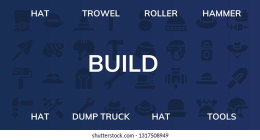 build icon set. 32 filled build icons. on blue background style Simple modern icons about  - Hat, Trowel, Roller, Hammer, Dump truck, Tools, Helmet, Wrench, Allen keys, Foundation