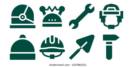 build icon set. 8 filled build icons.  Collection Of - Hat, Helmet, Trowel, Wrench, Hammer