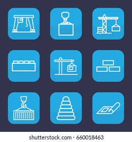 Build icon. set of 9 outline build icons such as plan, construction crane, brick wall, pyramid, hook with cargo, cargo on hook, cargo crane, construction  crane