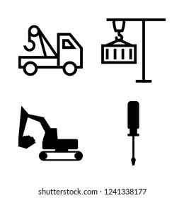 build icon set about screwdriver, crane and excavator vector set