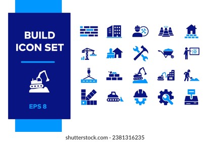 Build icon set. Building and Construction, excavator truck, house and brush. Construction vehicle. Department. Hotel. Worker with tools. Pump Consumables. Colour Pigmentation.