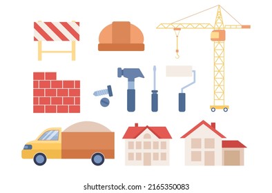 Build Icon Set. Building Process. Construction Vehicles Facilities And Building Tools. Vector Flat Illustration 