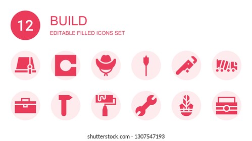 build icon set. Collection of 12 filled build icons included Hat, Code, Auger, Wrench, Toolbox, Hammer, Roller, Concrete