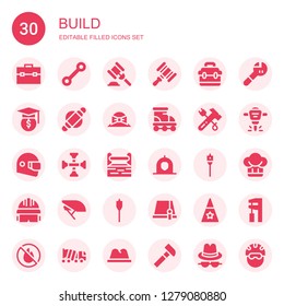 build icon set. Collection of 30 filled build icons included Toolbox, Wrench, Hammer, Hat, Roller, Helmet, Cross wrench, Auger, Hydraulic breaker, No fire allowed, Concrete