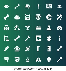 build icon set. Collection of 36 filled build icons included Wrench, Helmet, Hat, Hammer, Roller, Toolbox, Auger, Code, Maintenance, Traffic cone, Hydraulic breaker, Headgear