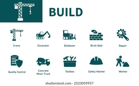 Build icon. Set of solid vector icons on construction, engineering, cranes, excavators, workers.