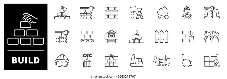 Build icon set. Thin line icons set related to building and construction. Building web icons in line style. Collection of build related outline icons