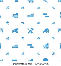 build icons pattern seamless white background. Included editable filled brick wall, screwdriver, helmet, cargo crane, concrete mixer, building block icons. build icons for web and mobile.