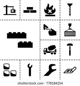 Build icons. set of 13 editable filled build icons such as plan, brick wall, screw, concrete mixer, trowel, no fire, cargo on hook, wrench, construction  crane, nail