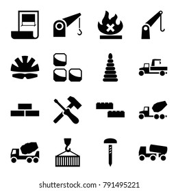 Build icons. set of 16 editable filled build icons such as brick wall, concrete mixer, building block, no fire, cargo on hook, cargo crane, screwdriver, helmet, plan, pyramid