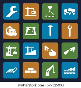 build icons set. Set of 16 build filled icons such as plan, construction crane, brick wall, nail, trowel, concrete mixer, hook with cargo, cargo crane, wrench