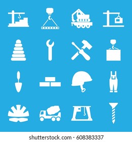 Build icons set. set of 16 build filled icons such as brick wall, pyramid, screw, concrete mixer, hook with cargo, trowel, gardener jumpsuit, cargo crane, helmet