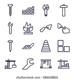 build icons set. Set of 16 build outline icons such as plan, construction crane, brick wall, pyramid, nail, screw, trowel, wrench, no fire, cargo crane, construction  crane