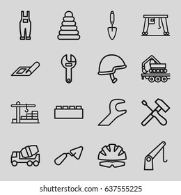 Build icons set. set of 16 build outline icons such as plan, pyramid, trowel, wrench, concrete mixer, gardener jumpsuit, cargo crane, helmet, construction  crane, screwdriver