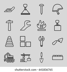 Build icons set. set of 16 build outline icons such as plan, construction crane, brick wall, pyramid, nail, trowel, wrench, hook with cargo, no fire, cargo crane, helmet