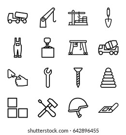 Build icons set. set of 16 build outline icons such as plan, brick wall, pyramid, screw, concrete mixer, hook with cargo, trowel, gardener jumpsuit, cargo crane, helmet