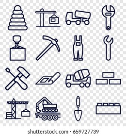 Build icons set. set of 16 build outline icons such as plan, construction crane, brick wall, pyramid, wrench, concrete mixer, hook with cargo, trowel, gardener jumpsuit