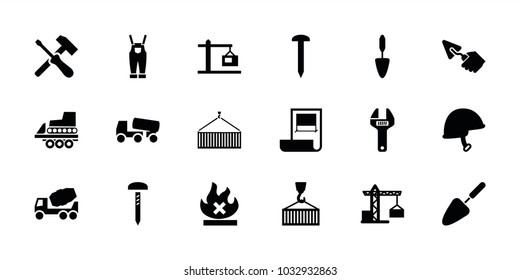 Build icons. set of 18 editable filled build icons: construction crane, nail, concrete mixer, trowel, no fire, cargo on hook, helmet, screwdriver, construction  crane, plan