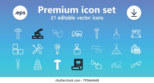 Build icons. set of 21 editable outline build icons includes hammer, brick wall, pyramid, nail, trowel, wrench, concrete mixer, hook with cargo, cargo crane, screwdriver, plan