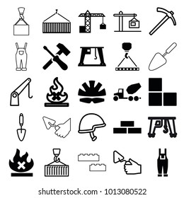 Build icons. set of 25 editable filled and outline build icons such as brick wall, hook with cargo, gardener jumpsuit, no fire, cargo crane, screwdriver, helmet, trowel