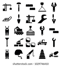 Build icons. set of 25 editable filled build icons such as plan, construction crane, pyramid, screw, wrench, hook with cargo, building block, trowel, gardener jumpsuit