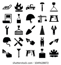 Build icons. set of 25 editable filled build icons such as plan, screw, trowel, hook with cargo, gardener jumpsuit, no fire, cargo on hook, cargo crane, helmet, screwdriver